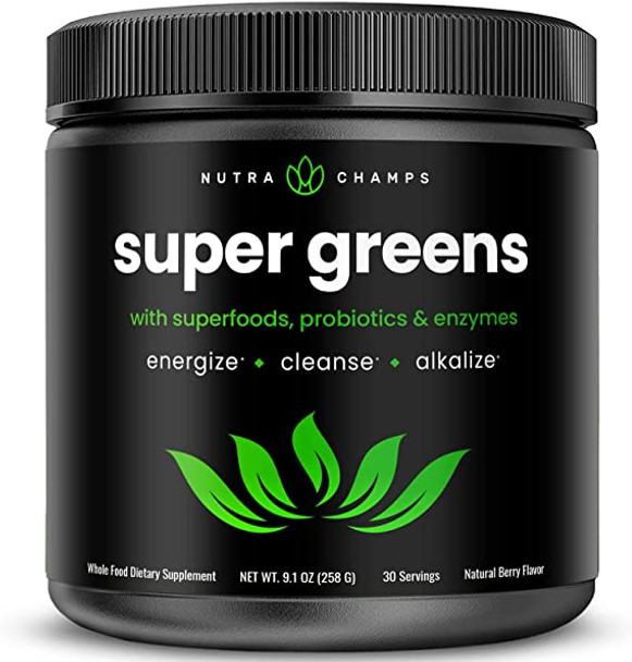 Super Greens Powder Premium Superfood - 20+ Organic Green Veggie Whole Foods - Wheat Grass, Spirulina, Chlorella & More - Antioxidant, Digestive Enzyme & Probiotic Blends | Vegan Juice Supplement