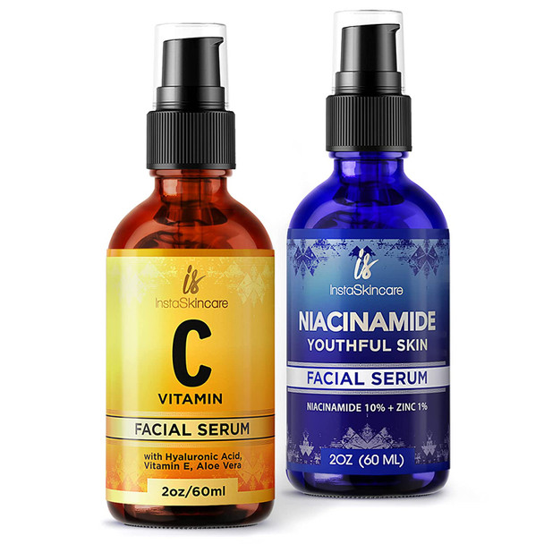 InstaSkincare Glow Effect and Post Acne Bundle  Vitamin C Serum 2Oz  Niacinamide Facial Serum 2Oz