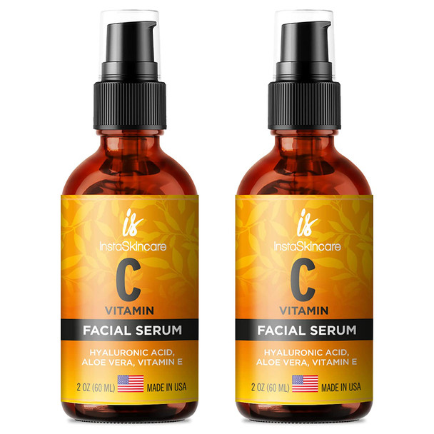 DOUBLE SIZED 2Oz Vitamin C Serum for Face with Hyaluronic Acid and Vitamin E  Brightening Face Serum  Natural AntiAging Serum with Antioxidants  Reduce Fine Lines and Wrinkles  Paraben and Fragrance Free 2Pack