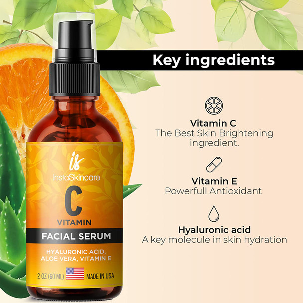 DOUBLE SIZED 2Oz Vitamin C Serum for Face with Hyaluronic Acid and Vitamin E  Brightening Face Serum  Natural AntiAging Serum with Antioxidants  Reduce Fine Lines and Wrinkles  Paraben and Fragrance Free 2Pack