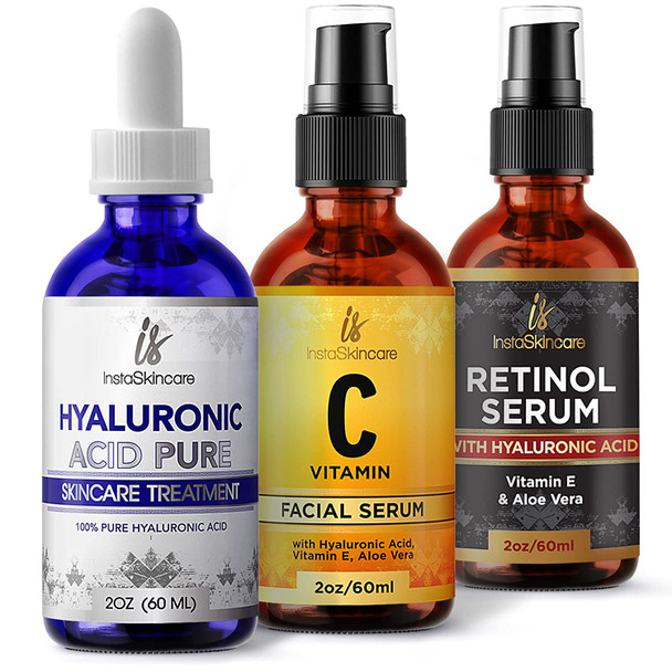 InstaSkincare Glow Effect and Post Acne Bundle  Hyaluronic Acid Serum for Face 2Oz  Retinol Face Serum  Vitamin E and A  Aloe Vera 2Oz  Vitamin C Serum 2Oz