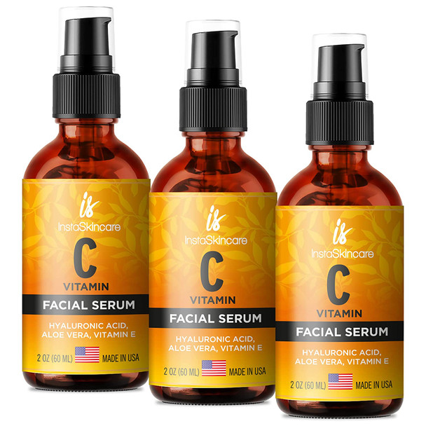 DOUBLE SIZED 2Oz Vitamin C Serum for Face with Hyaluronic Acid and Vitamin E  Brightening Face Serum  Natural AntiAging Serum with Antioxidants  Reduce Fine Lines and Wrinkles  Paraben and Fragrance Free 3Pack