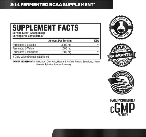 BCAA Powder Fermented  6g Branched Chain Essential Amino Acid Supplement for Improved Muscle Recovery Reduced Fatigue Increased Strength and Muscle Growth  30 Servings Blue Raspberry