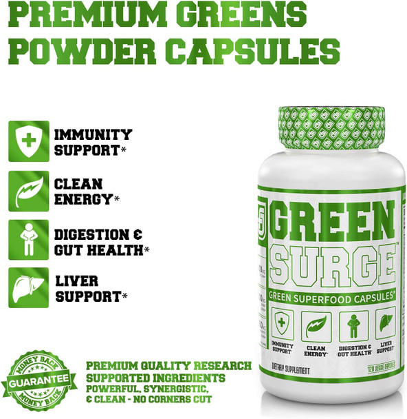 Green Surge Green Superfood Capsules  Keto Friendly Greens Supplement w/Spirulina Wheat  Barley Grass  Organic Greens Plus Probiotics  Digestive Enzymes  120 Veggie Pills