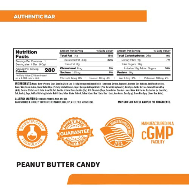 Authentic Bar Peanut Butter Candy Protein Bars  Tasty Meal Replacement Energy Bars w/ 16g Whey Protein Isolate Natural Sugars from Pure Honey Healthy Fat Peanut Butter Foundation  12 Pack