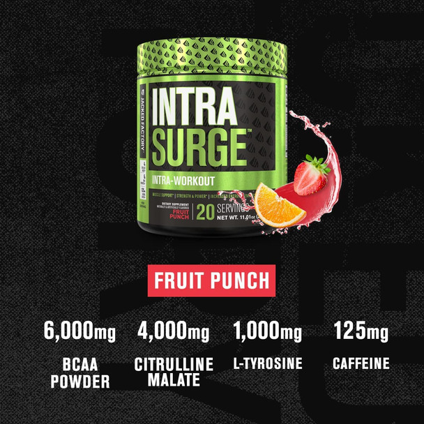 INTRASURGE Intra Workout Energy BCAA Powder  6g BCAA Amino Acids Natural Caffeine 4g Citrulline Malate and More for Muscle Building Strength Endurance  Recovery  Fruit Punch 20sv