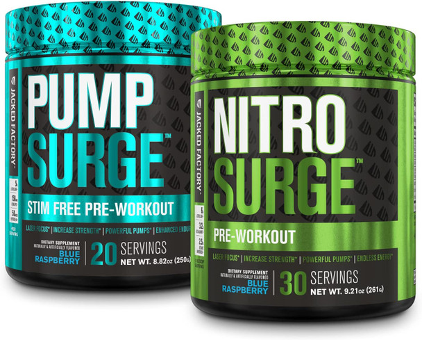 Nitrosurge PreWorkout  Pumpsurge CaffeineFree PreWorkout  Morning  Night Bundle for Increased Focus Stamina Endless Energy  Powerful Pumps  Blue Raspberry Flavor