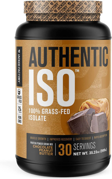 Authentic ISO Grass Fed Whey Protein Isolate Powder  Low Carb NonGMO Muscle Building Protein w/No Fillers Mixes Perfectly for Post Workout Recovery Chocolate Peanut Butter  2LB 30sv