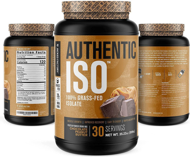 Authentic ISO Grass Fed Whey Protein Isolate Powder  Low Carb NonGMO Muscle Building Protein w/No Fillers Mixes Perfectly for Post Workout Recovery Chocolate Peanut Butter  2LB 30sv