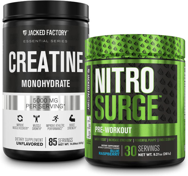 Nitrosurge PreWorkout  Creatine Monohydrate  Pre Workout Powder with Creatine for Muscle Growth Increased Strength Endless Energy Intense Pumps  Blue Raspberry Preworkout  Unflavored Creatine