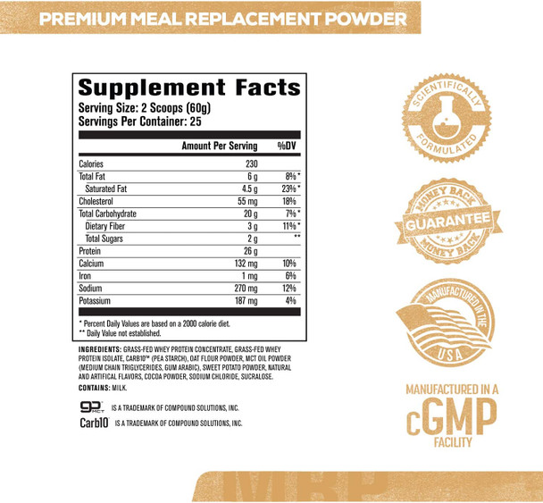 Authentic MRP Meal Replacement Powder  Healthy Shake for Lean Muscle Growth w/Grass Fed Whey Protein Isolate Complex Carbohydrates MCT Healthy Fats  Whole Food Supplement Oatmeal Choc Chip