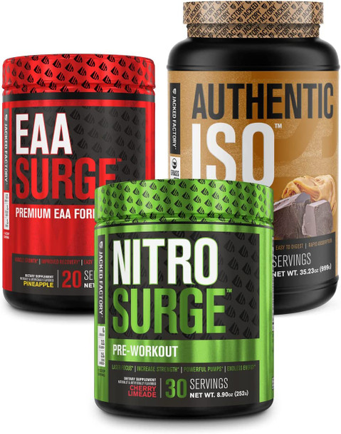 NITROSURGE Pre Workout Supplement Powder EAA Surge Premium EAA Amino Acids Intra Workout Supplement Authentic ISO 100 Grass Fed Muscle Building Whey Protein Isolate Powder