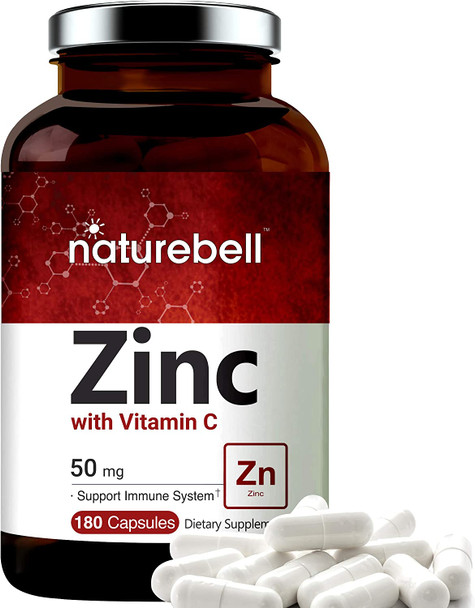 NatureBell Zinc 50mg with Vitamin C 180 Capsules Zinc Vitamins and Immune Vitamins Antioxidant NonGMO