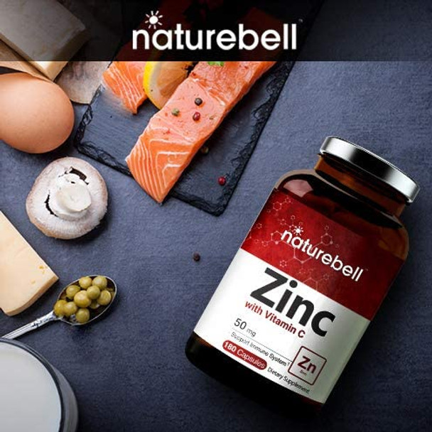 NatureBell Zinc 50mg with Vitamin C 180 Capsules Zinc Vitamins and Immune Vitamins Antioxidant NonGMO