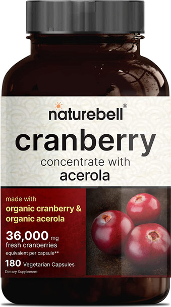 Double Strength Cranberry Pills Made with Organic Wild Cranberry Extract Plus Acerola 25mg 180 Vegan Capsules 36000mg Fresh Cranberries Equivalent Support Urinary Tract Health Sugar