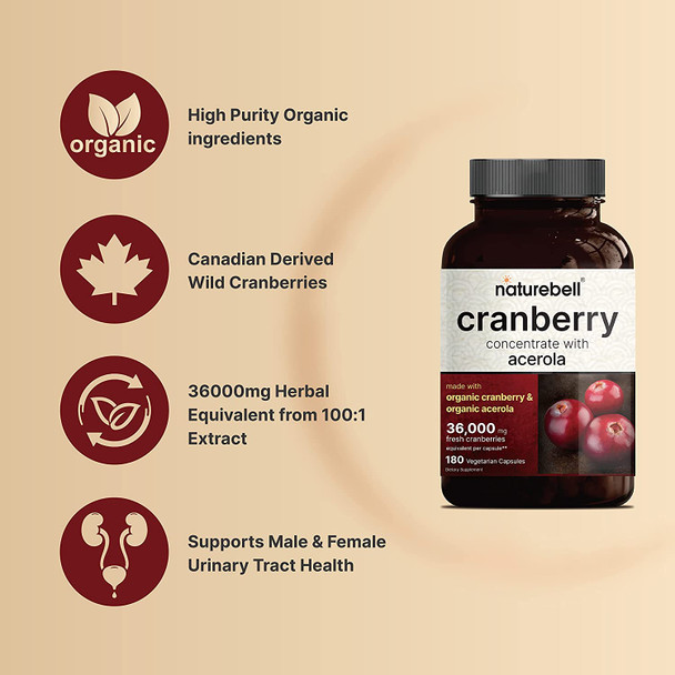 Double Strength Cranberry Pills Made with Organic Wild Cranberry Extract Plus Acerola 25mg 180 Vegan Capsules 36000mg Fresh Cranberries Equivalent Support Urinary Tract Health Sugar Free