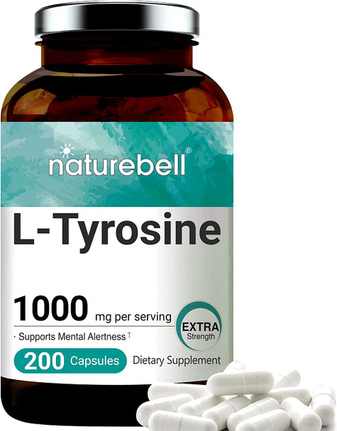 LTyrosine Capsules 1000mg Per Serving 200 Capsules Support Memory Cognitive Health and Mental Alertness Premium Tyrosine Brain Health Supplement No GMOs