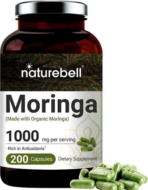Moringa Capsules Made with Organic Moringa Powder 1000mg Per Serving 200 Counts Strong Antioxidant to Repair Protect Nurture Your Skin Cells and Support Immune System NonGMO