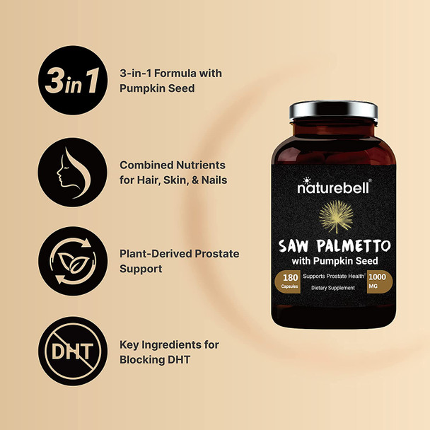 Naturebell Saw Palmetto Complex Saw Palmetto Powder  Extract with Pumpkin Seed 1000mg 180 Capsules 3 in 1 Formula Prostate and Hair Growth Supplement Decrease Frequent Urination for Men  Women