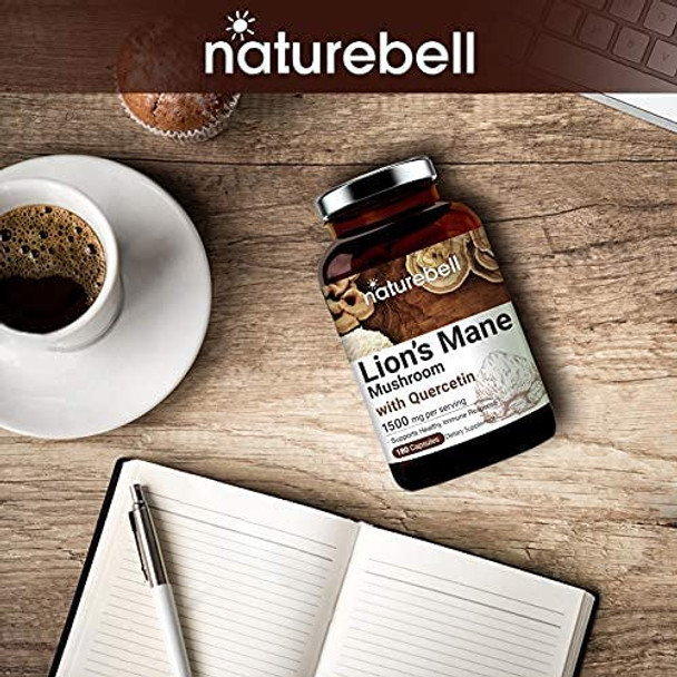 NatureBell Lions Mane with Quercetin Supplements Lions Mane Quercetin 1515mg Per Serving 180 Capsules 2 in 1 Formula Supports Healthy System Premium Lions Mane Brain Health Supplement NonGMO