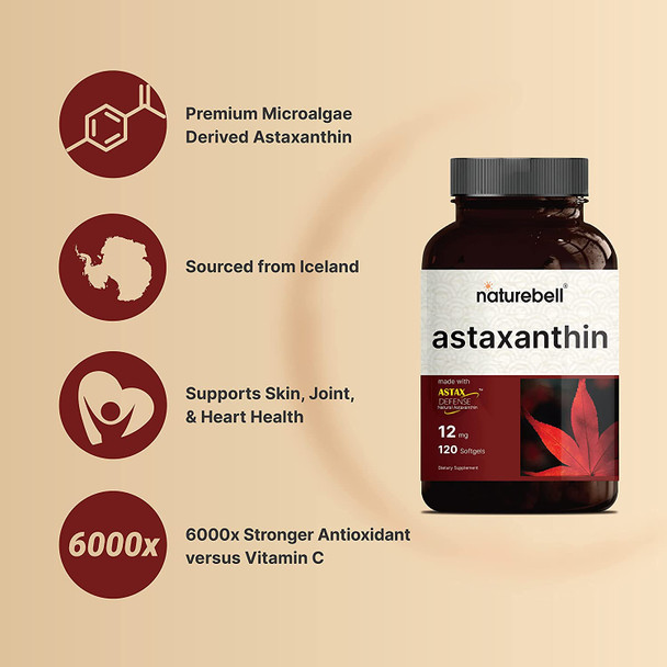 Naturebell Astaxanthin 12mg 120 Softgels Made with Astax Max Strength from MicroAlgae Natural Antioxidant for Skin  Eye Health  NonGMO  No Gluten 4 Month Supply