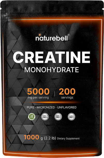 Naturebell Creatine Monohydrate Powder 1 KG 5000mg Per Serving Pure Unflavored Creatine Powder  Micronized  Pre Workout  Keto  Vegan  Dissolves Easy  Filler   200 Servings 2.2Lbs