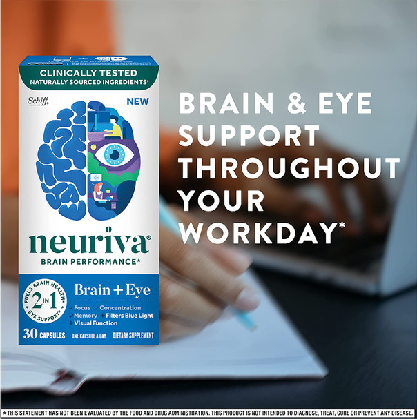 NEURIVA Brain  Eye Supplement for Memory Focus  Concentration with Lutein  Vitamins A C E and Zinc for Eye Health  Zeaxanthin to Filter Blue Light 30ct Capsules