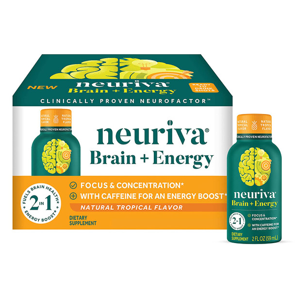 Neuriva Brain  Energy Shots Nootropic Brain Supplement for Focus  Concentration with Neurofactor Vitamin B12  150mg Caffeine for an Energy Boost  12 Count Tropical Flavor