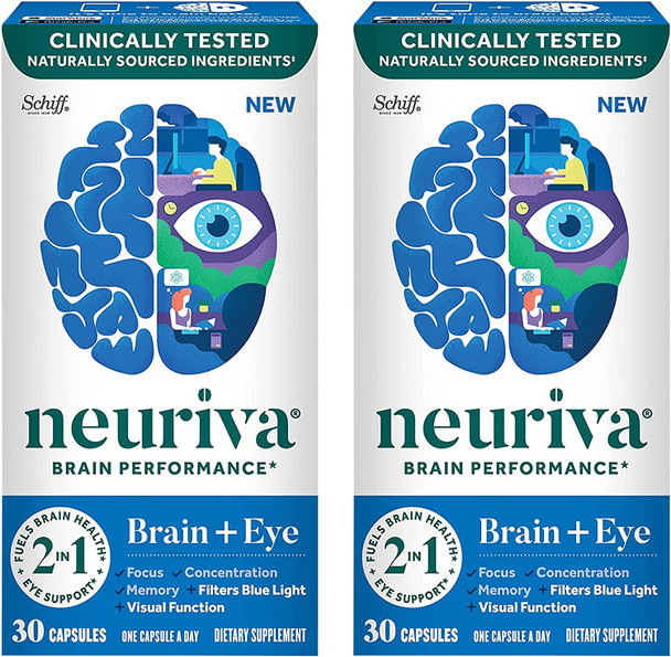 Neuriva Brain  Eye Support Capsules 30 Count in a Box with Vitamins A C E Zinc Zeaxanthin Antioxidants Filters Blue Light Decaffeinated Vegetarian Gluten  GMO Free Pack of 2