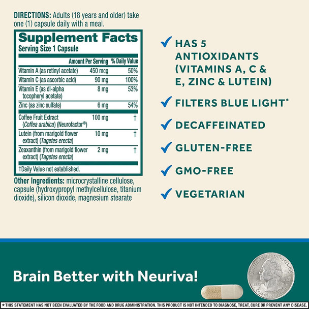 Neuriva Brain  Eye Support Capsules 30 Count in a Box with Vitamins A C E Zinc Zeaxanthin Antioxidants Filters Blue Light Decaffeinated Vegetarian Gluten  GMO Free Pack of 2