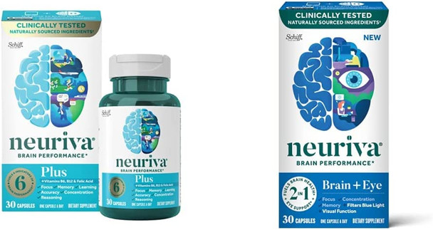 Neuriva Plus Capsules 30Ct  Neuriva Brain  Eye Capsules 30Ct Bundle  A Nootropic Brain Support Bundle For Memory Focus  Concentration  Eye Support And Blue Light Filtering
