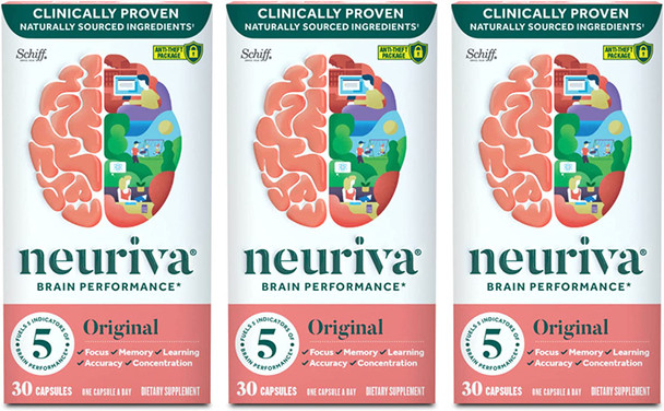 NEURIVA Original Brain Performance 30 count Brain Support Supplement With Natural Ingredients 1 ea Pack of 3