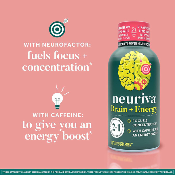 NEURIVA Brain  Energy Supplement with Clinically Tested Neurofactor For Focus  Concentration Vitamin B12  150mg of Caffeine For An Immediate Energy Boost 36ct Strawberry Lemonade Shots