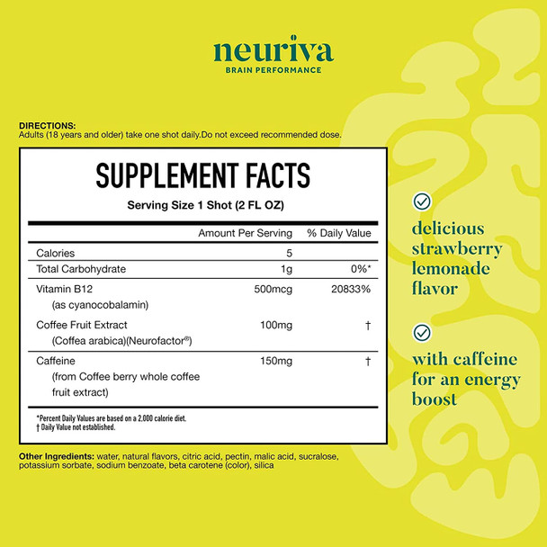 NEURIVA Brain  Energy Supplement with Clinically Tested Neurofactor For Focus  Concentration Vitamin B12  150mg of Caffeine For An Immediate Energy Boost 36ct Strawberry Lemonade Shots