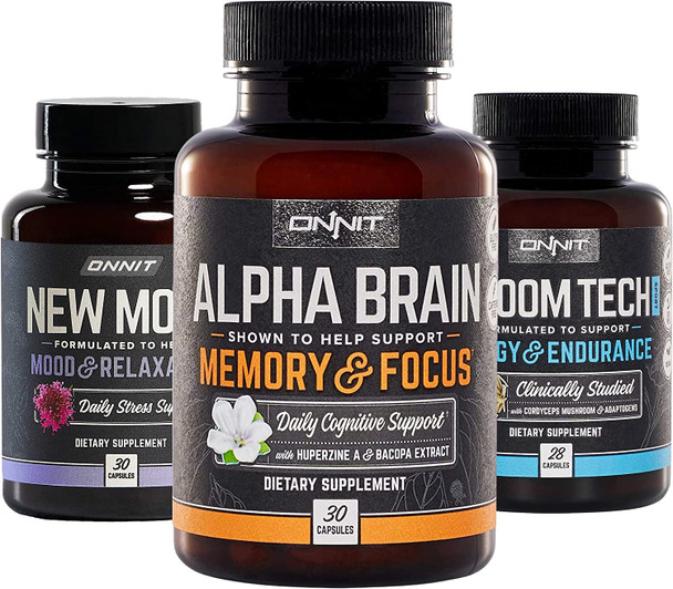 ONNIT Nootropic Stack  Alpha Brain 30ct  New Mood 30ct  Shroom Tech Sport 28ct
