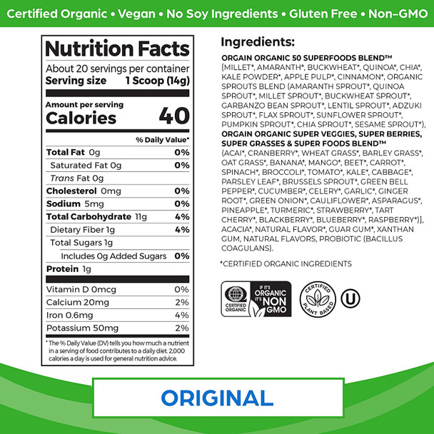 Orgain Organic Green Superfoods Powder Original  Antioxidants 1 Billion Probiotics Vegan Dairy Free Gluten Free Kosher NonGMO 0.62 Pound Packaging May Vary