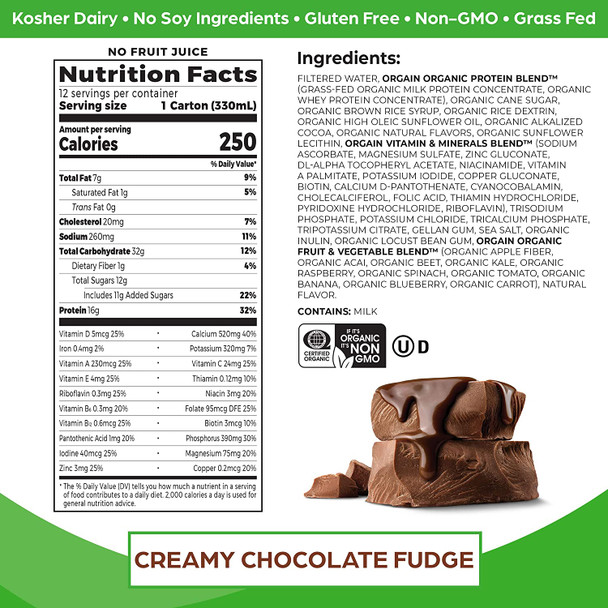 Orgain Organic Nutritional Shake Creamy Chocolate Fudge  Meal Replacement 16g Grass Fed Whey Protein 20 Vitamins  Minerals Gluten  Soy Free Kosher NonGMO 11 Fl Oz Pack of 12