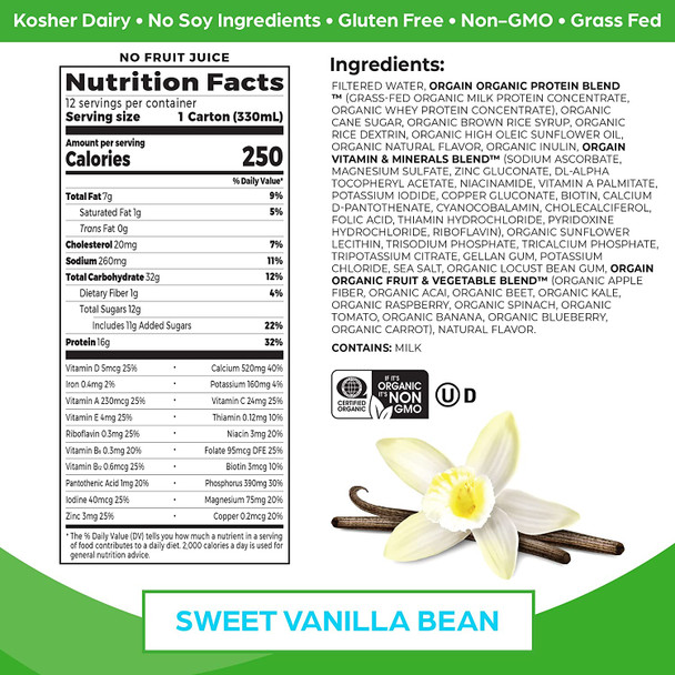 Orgain Organic Nutritional Shake Vanilla Bean  Meal Replacement 16g Grass Fed Whey Protein 20 Vitamins  Minerals Gluten  Soy  Kosher NonGMO 11 Fl Oz Pack of 12