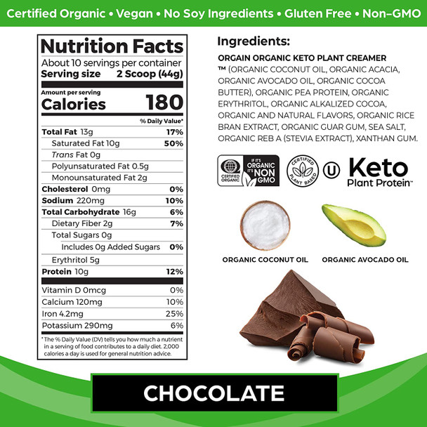 Orgain Keto PlantBased Protein Powder Chocolate  10g of Protein Keto Friendly Organic Vegan Gluten  Organic Prebiotic Fiber 0.97 Lb Packaging May Vary