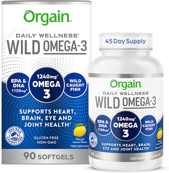 Orgain Omega3 Fish Oil Supplement 1240mg High EPA  DHA 1130mg Sustainably sourced from WildCaught Fish  45 Day Supply 90 Softgels