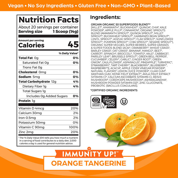 Orgain Organic Immune Support PlantBased Superfoods  Immunity Powder  Orange Tangerine 9.9oz Tub  Organic Hydration Powder with Electrolytes  Superfoods  Orange Tangerine 8 Travel Packets