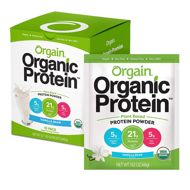 Orgain Organic Plant Based Protein Powder Travel Pack Vanilla Bean  Vegan Low Net Carbs  Organic Plant Based Protein Powder Travel Pack Creamy Chocolate Fudge  Vegan Low Net Carbs 10 Count