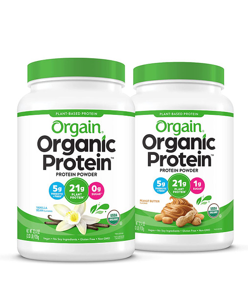 Orgain Bundle  Vanilla Protein Powder and Peanut Butter Protein Powder  20 Servings Each Vegan Low Net Carbs Made Without Dairy Gluten and Soy