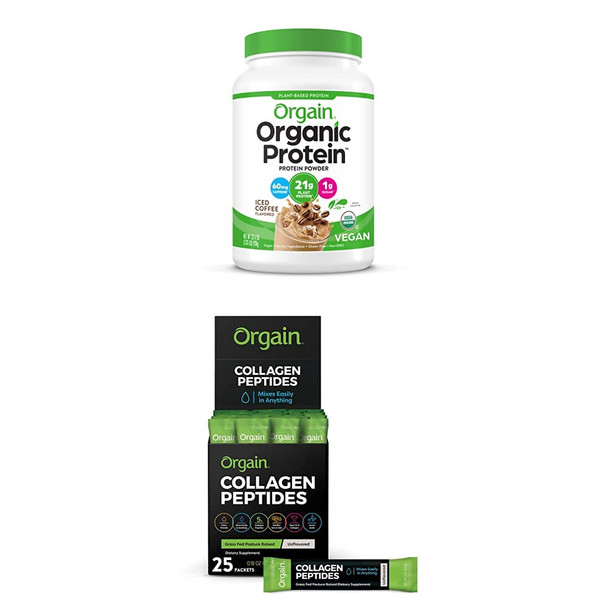 Orgain Organic Plant Based Protein Powder Iced Coffee  60mg of Caffeine 2.03 Lb  Hydrolyzed Collagen Peptides Protein Powder Sticks  Type 1 and III 5g Sticks  unflavored 25 Count  0.18 Oz