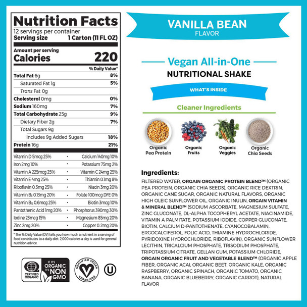 Orgain Organic Vegan Plant Based Nutritional Shake Vanilla Bean  16g Protein 12 Count  Organic Nutritional Shake Strawberries  Cream  Meal Replacement 16g Protein 11 Ounce  Pack of 12