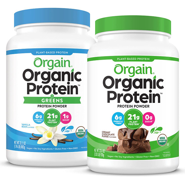 Orgain Organic Plant Based Protein  Greens Powder Vanilla Bean  1.94 Pound  Organic Plant Based Protein Powder Creamy Chocolate Fudge  Vegan Low Net Carbs Non Dairy 2.03 Pound