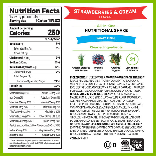 Orgain Organic Nutritional Shake Strawberries  Cream  Meal Replacement 16g Protein 11 Ounce Pack of 12  Grass Fed Clean Protein Shake Creamy Chocolate Fudge  Meal Replacement 11 oz 12 Count