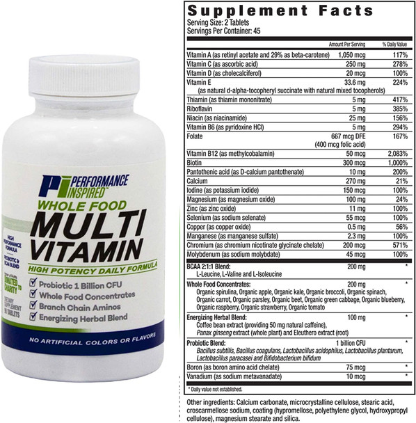 Performance Inspired Nutrition  Whole Food Multi Vitamin  1 Billion CFU Probiotics  BCAAs  Energizing Herbal Complex  90 Count