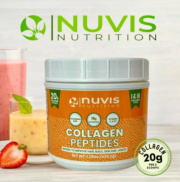 Nuvis Nutrition Collagen Peptides Powder Types I  III. 28 Serving. Source Protein with Hyaluronic Acid Vitamins C E and Biotin Pasture Raised Grass Fed unflavored.