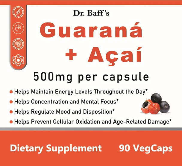 Guarana  Acai 500mg Natural Herbal Brazilian Energizer Supplement 90 Vegetarian Capsules by Dr. Baffs
